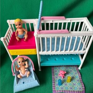 Barbie Nap n Nuture Nursery playset TWIN BABY dolls CRIB Changing Table Bouncer